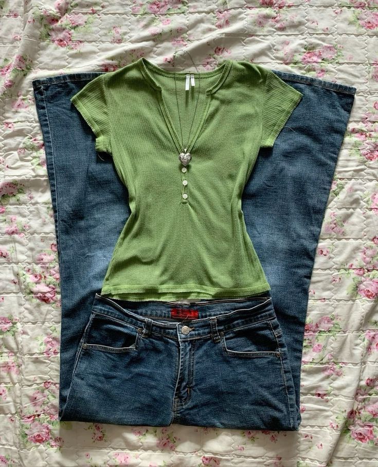 Y2K Baby Green T & Dark Wash Flared Apple Bottom Jeans